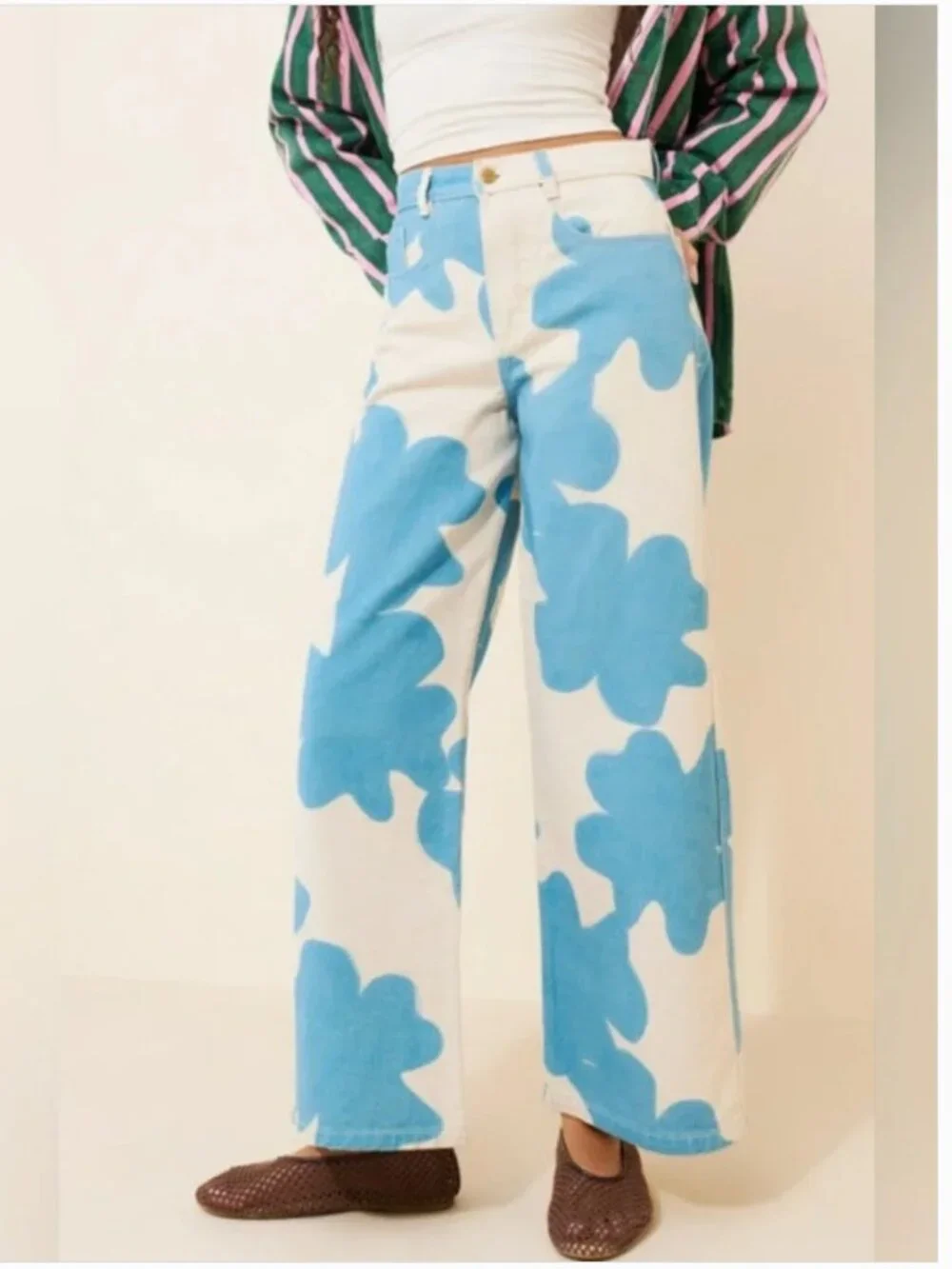 Free People Sixxta Cotton Wide leg Fun Blue White Pants size 2
